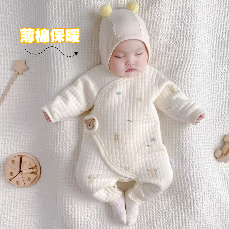 婴儿三层保暖薄棉夹棉无骨新生儿衣服婴幼儿连体衣男女宝宝连身衣