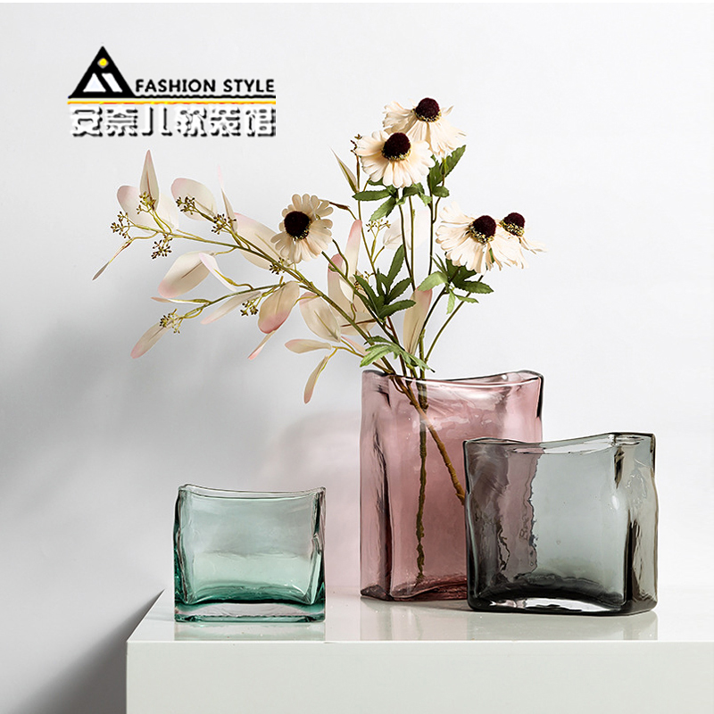 现代简约扁方形玻璃花瓶冷纹彩色透明水培花器样板房餐桌创意摆件