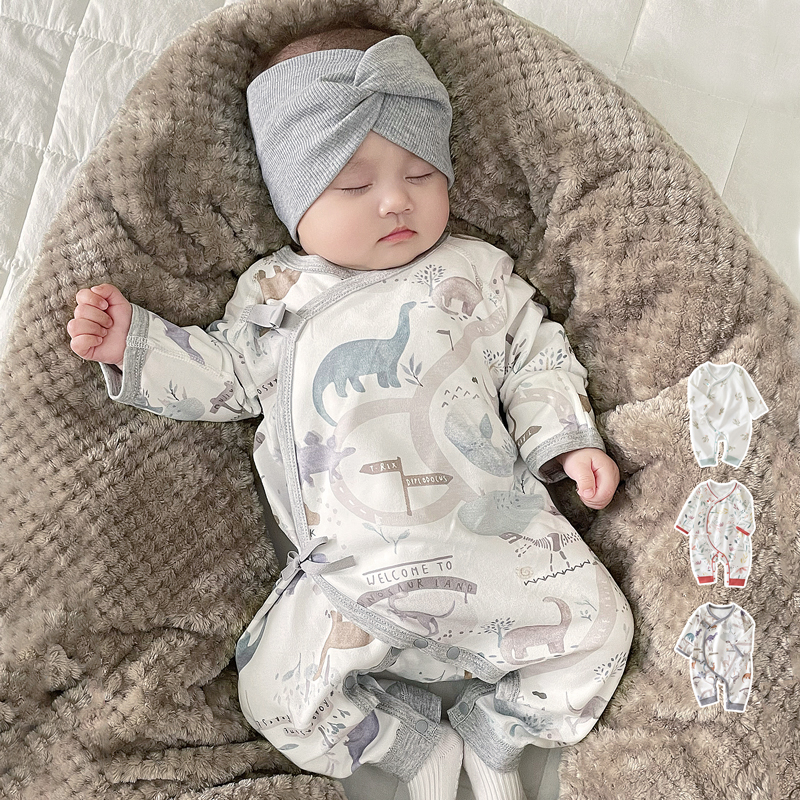 新生婴儿儿衣服和尚服长袖薄款纯棉无骨护肚绑带空调服婴儿连体衣
