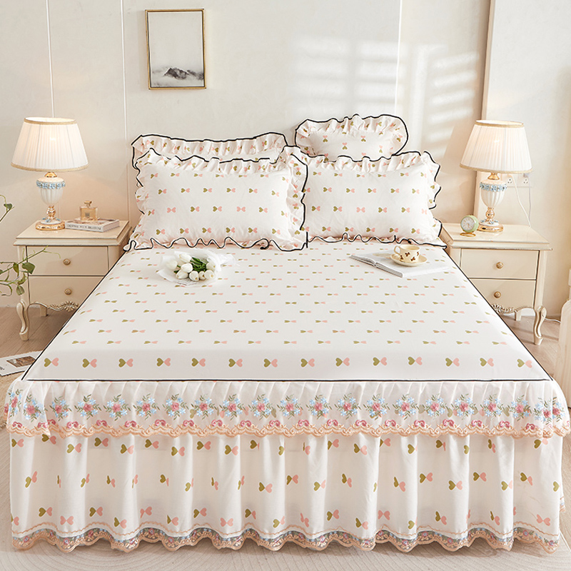 韩版全棉床裙式床罩单件公主风花边床单三件套床围保护罩纯棉床套