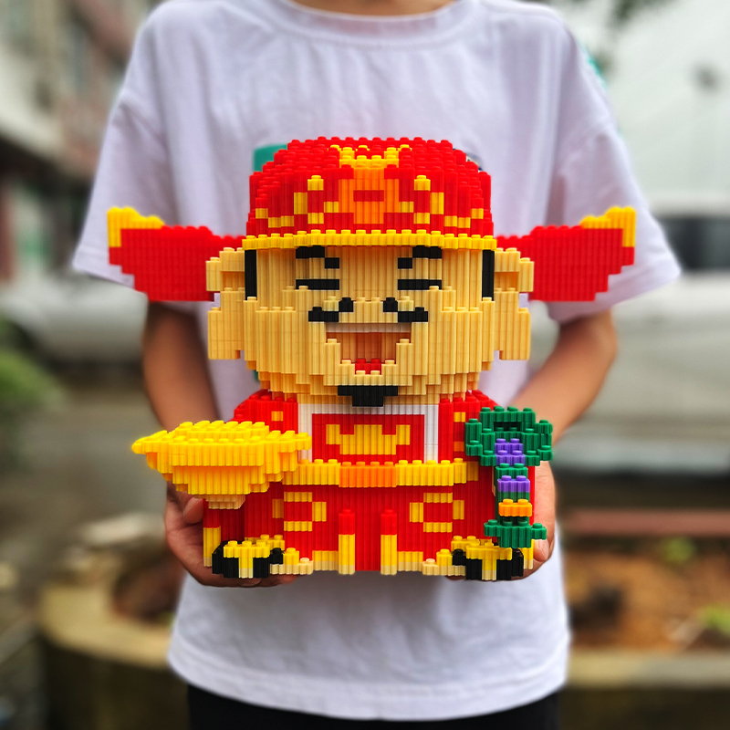 财神爷中国风小颗粒积木3d立体拼图男孩10岁以上拼装益智玩具摆件