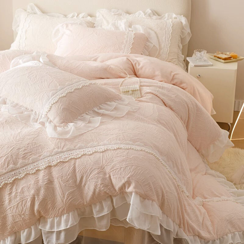 粉色公主风牛奶绒床上四件套2023新款冬款婴儿绒被套床单床裙款