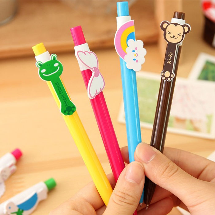 韩国卡通文具彩色按压式伸缩简易圆珠笔儿童趣味款可爱写字笔