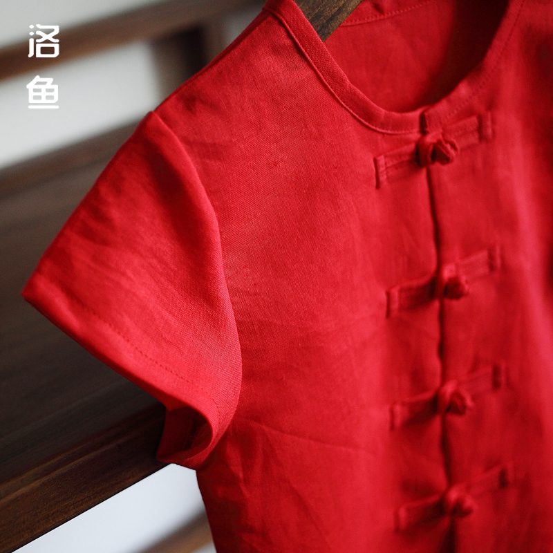 儿童夏季短袖T恤手工制作纯亚麻大红色父子装男童生日中国风礼服