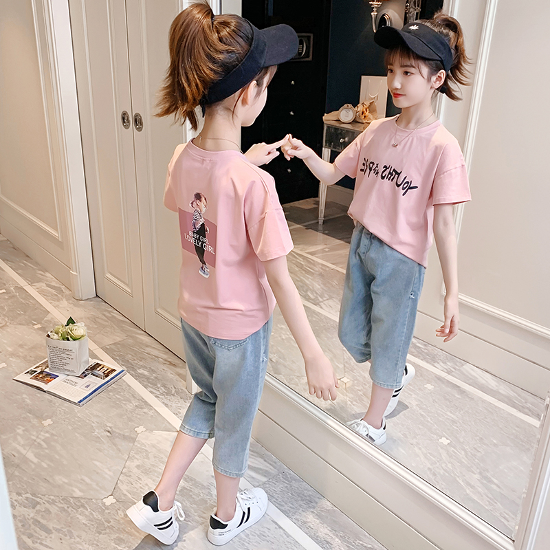 女童短袖T恤套装2024新款时尚大童夏季女孩洋气时髦儿童运动两件