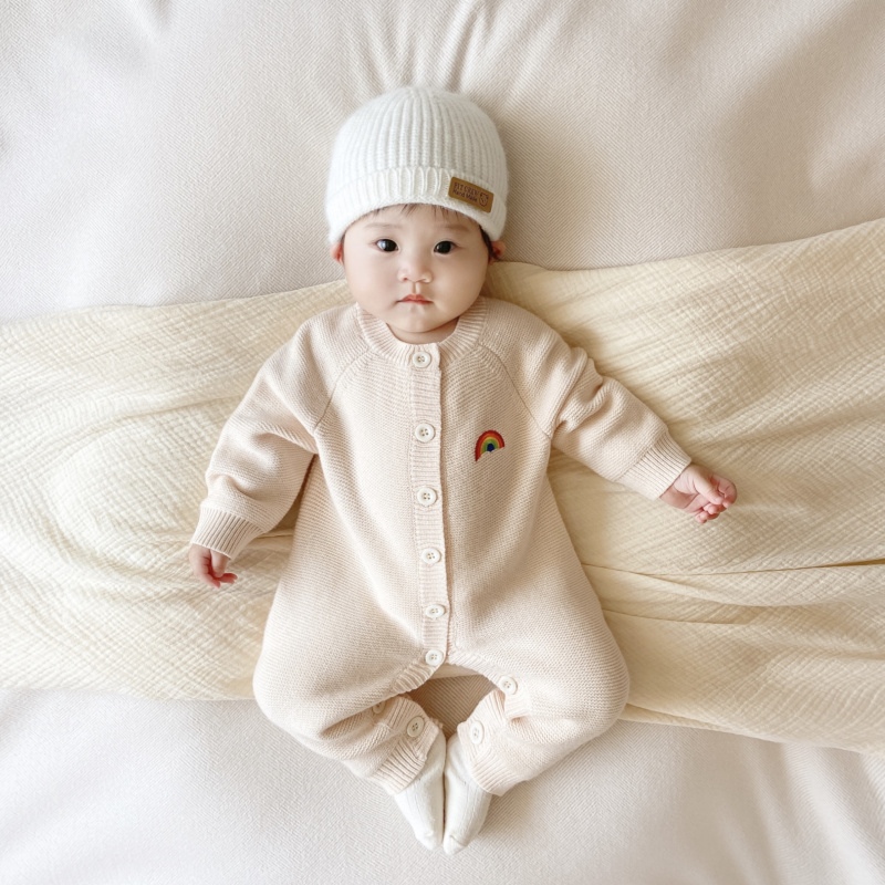 婴儿连身毛衣春秋宝宝长袖哈衣月女童针生卫生衣套装新织满男外出