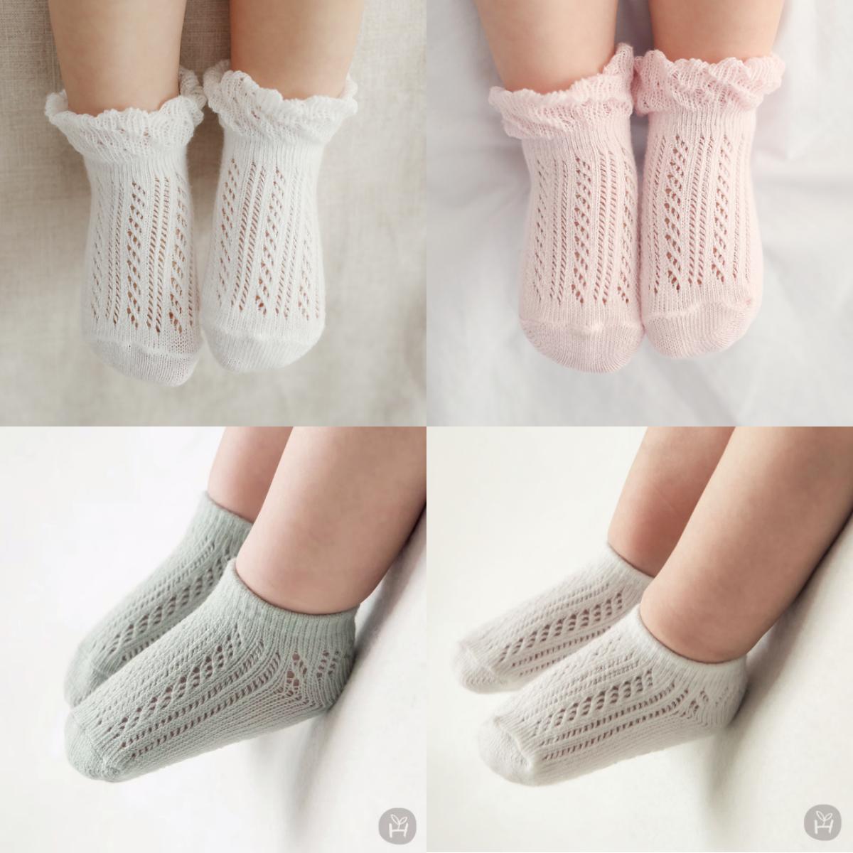 现货韩国进口新生婴儿袜子宝宝网眼镂空蕾丝边短袜防滑松口夏季