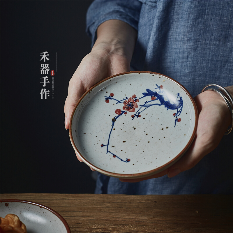 禾器手作釉下茶点盘中式陶瓷餐具粗陶点心碟手绘茶点盘壶承火锅碟