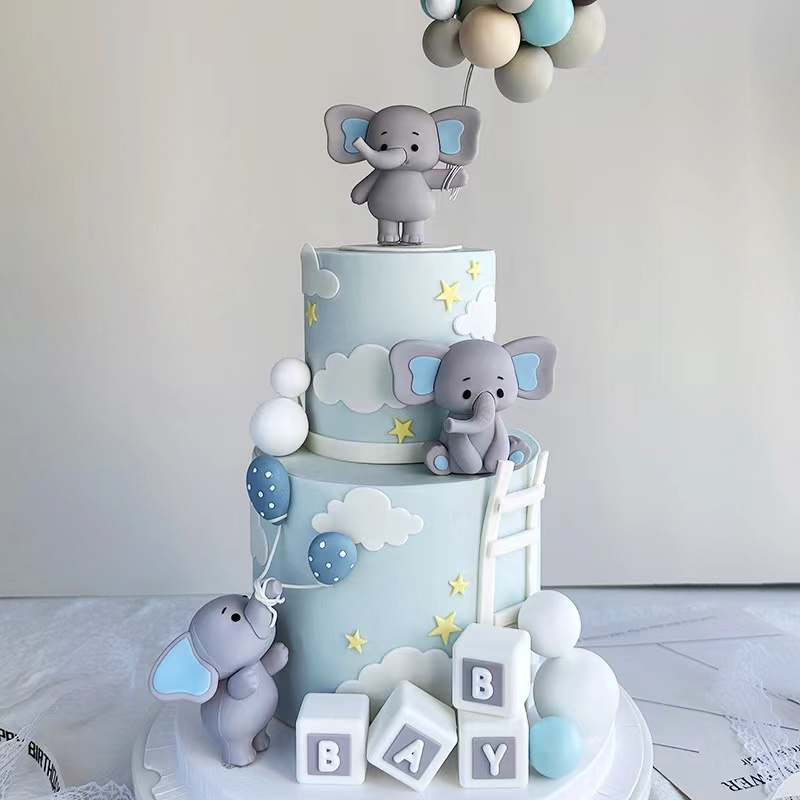 网红小象宝宝蛋糕装饰玩偶摆件气球小象BABY积木儿童生日蛋糕装扮
