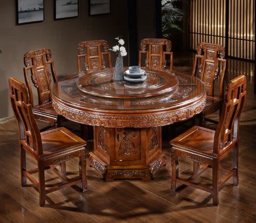 中式古典餐桌椅组合大户型家具家用餐桌饭桌饭桌实木雕花大圆餐桌