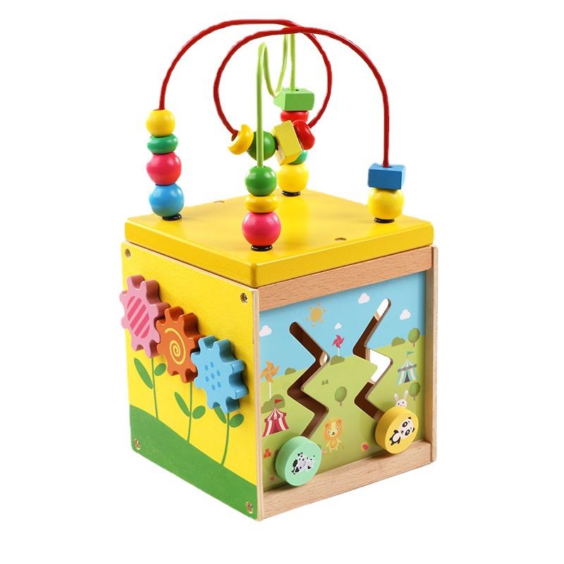 木制益智玩具多功能四面绕珠百宝箱宝宝串珠婴幼儿童形状配对玩具