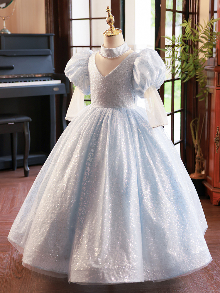 钢琴演奏礼服女童长袖走秀表演衣服儿童主持人演出服生日公主裙子