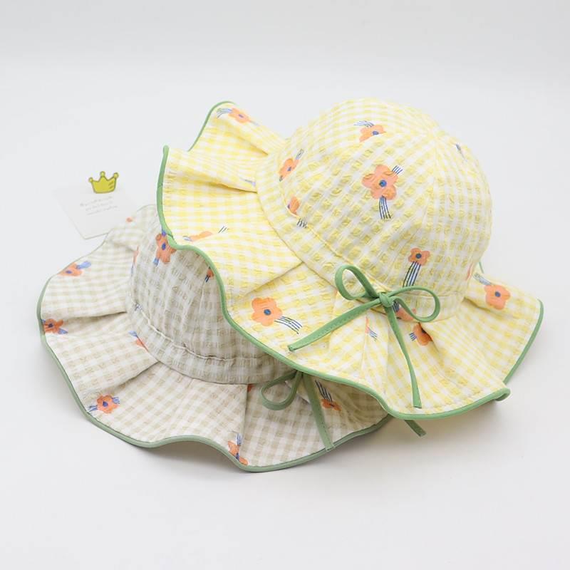 婴儿帽子春夏薄款大檐渔夫帽女童可爱遮阳花朵可调节大帽檐太阳帽