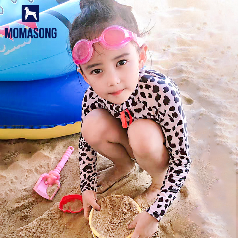 Momasong儿童泳衣女童小童连体长袖豹纹游泳衣女孩宝宝婴幼儿泳装