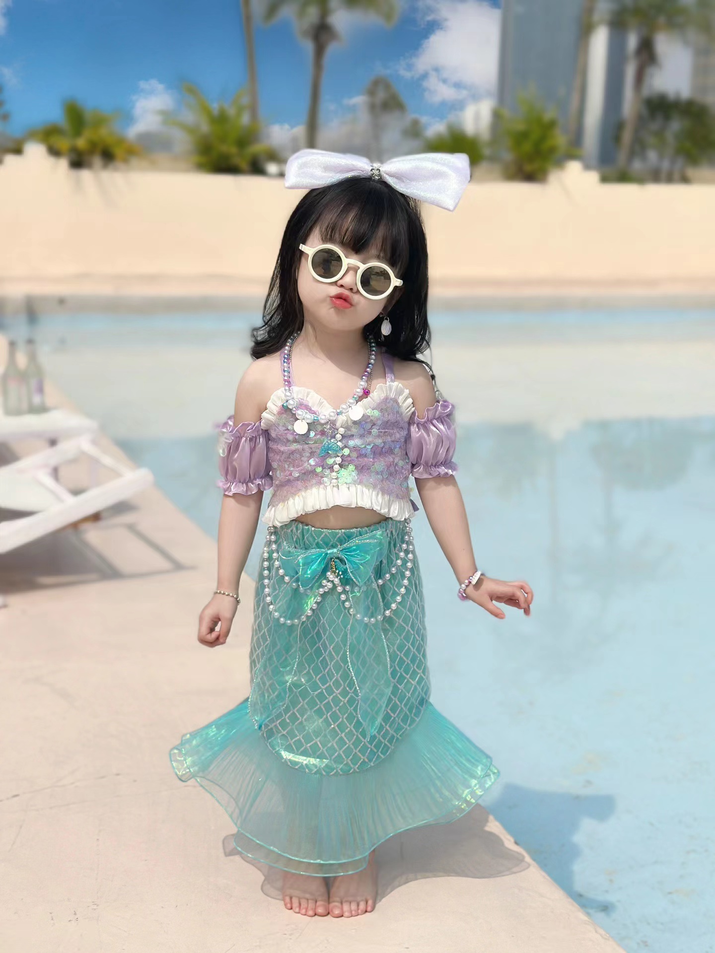 美人鱼公主套装儿童夏装海边度假亮片鱼尾裙两件套女宝宝生日裙