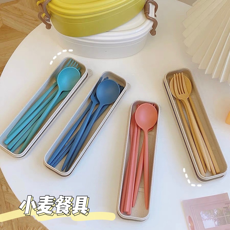 韩式风餐具套装收纳盒宝宝学生儿童食品级小麦可爱家用筷勺叉