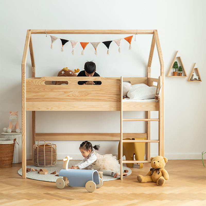 北欧全实木儿童上下床单层床白蜡木高低床多功能字母床定制双人床
