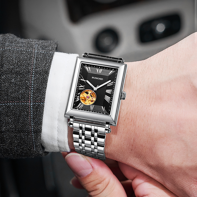 斯诺威登手表男机械表长方形男款正品名牌十大品牌镂空钢带男士表