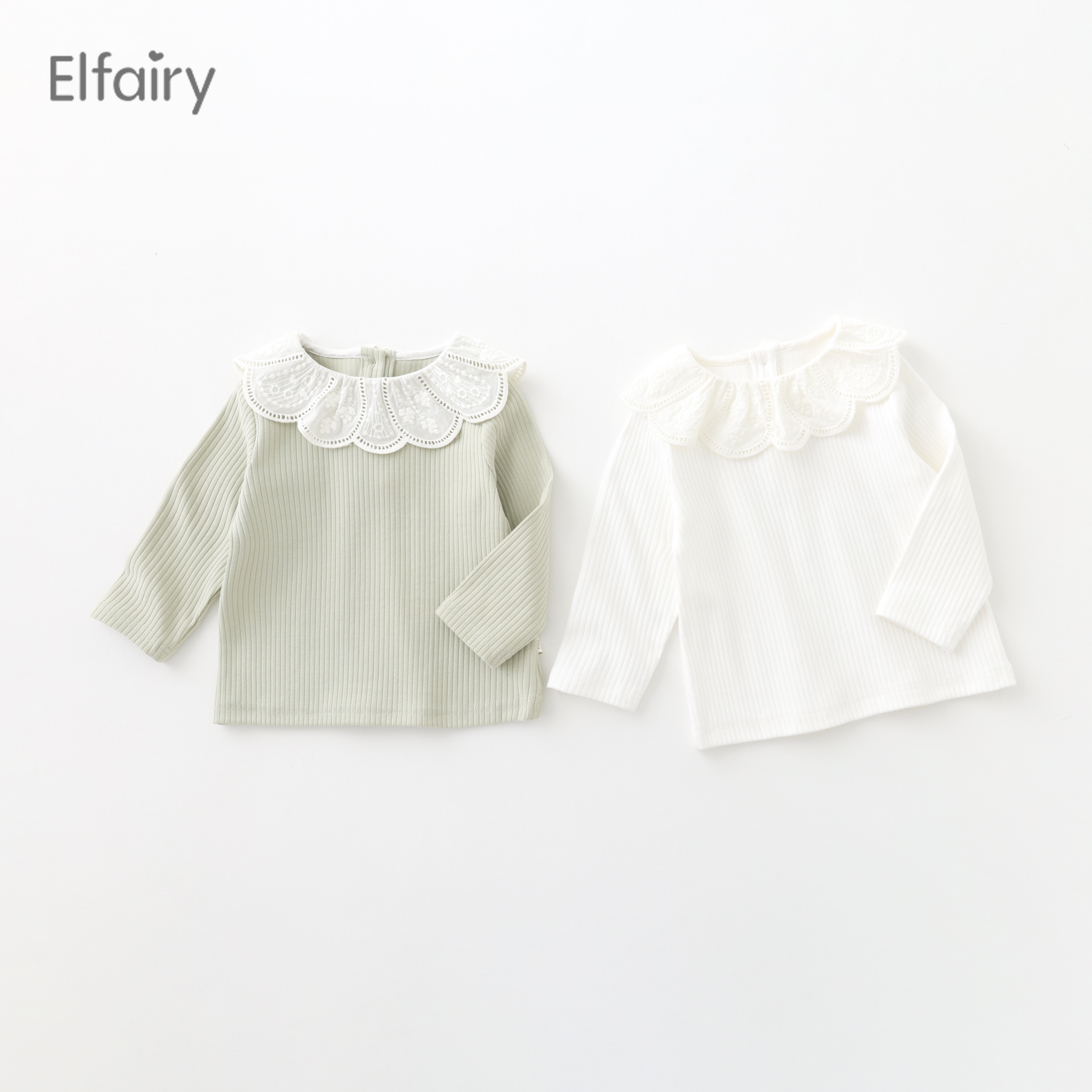 Elfairy女童T恤长袖宝宝打底衫女婴儿衣服儿童花边领上衣纯棉春装
