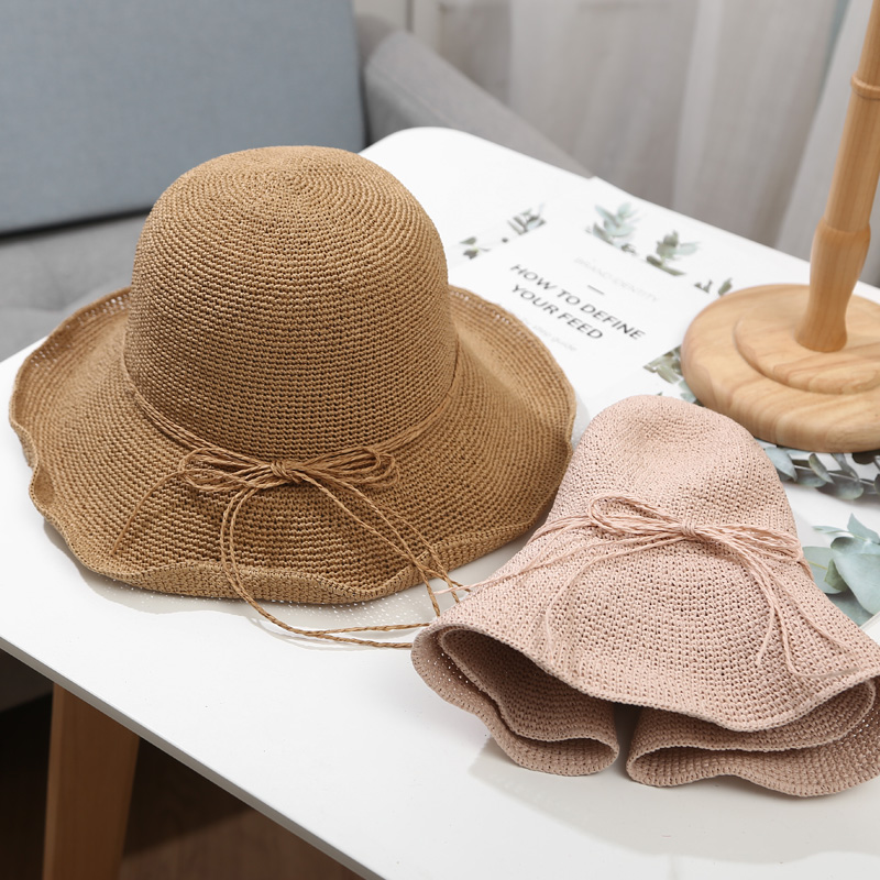 8cm日本拉拉草帽手工可折叠遮阳帽子女 夏天防晒渔夫帽出游太阳帽