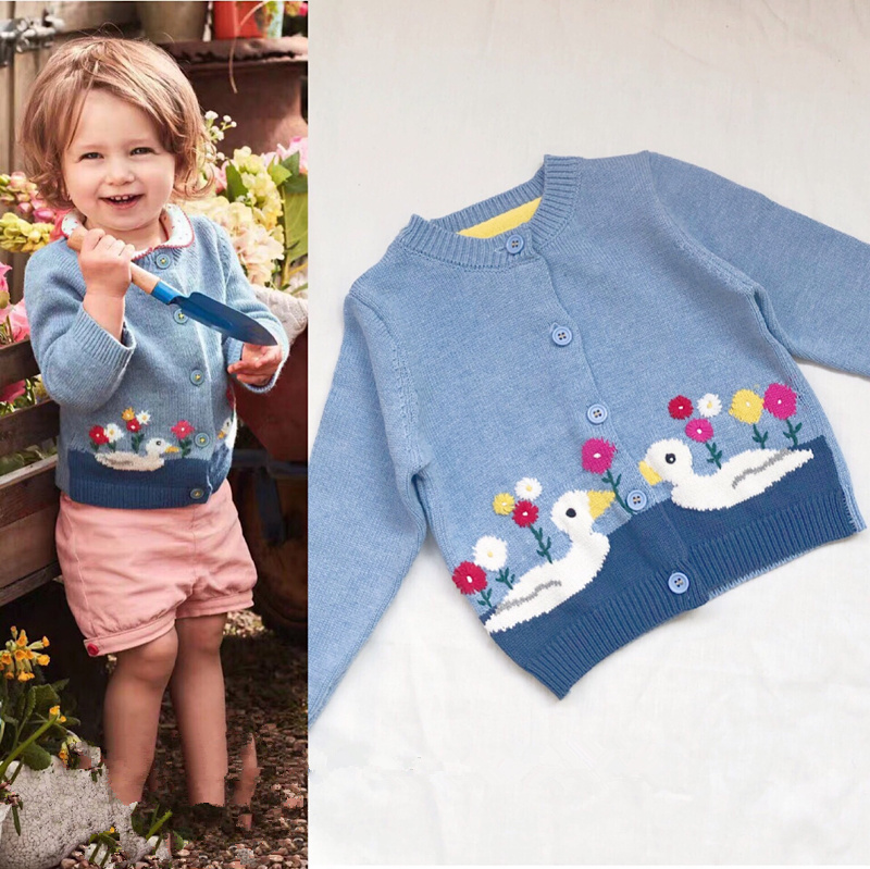英国2-8岁女童宝宝春秋冬新款刺绣花朵雾蓝小鸭子纯棉毛衣开衫