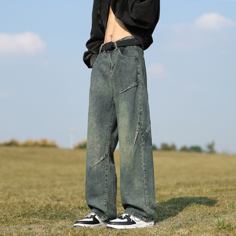 做旧牛仔裤男士潮牌vibe设计感直筒裤子春秋季美式复古宽松阔腿裤