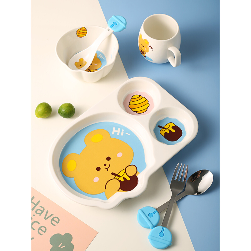 水秞姿可爱动物陶瓷分格盘子宝宝辅食餐盘卡通早餐一人食儿童餐具