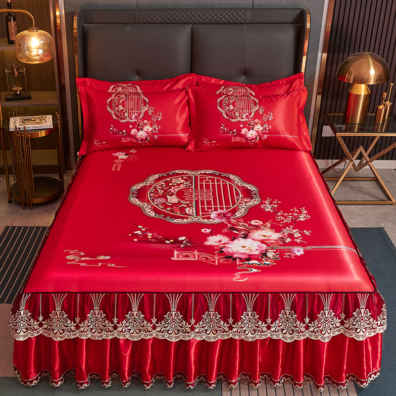 婚庆大红色冰丝席床裙式三件套可机洗可折叠夏季空调1.8M软席子