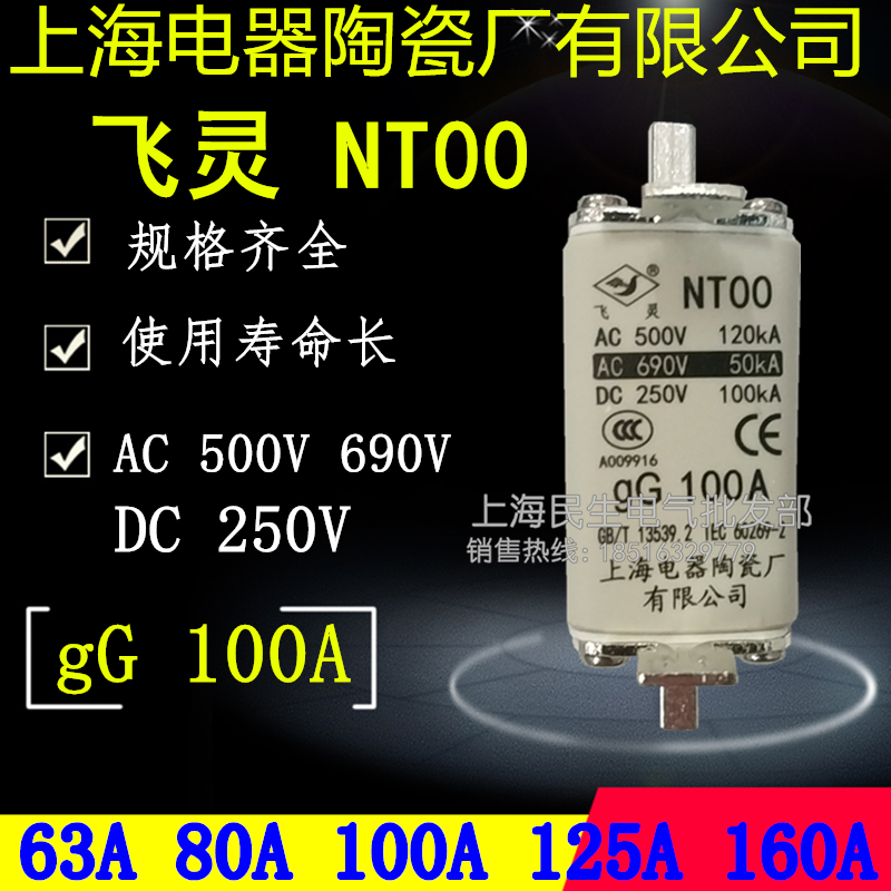 上海电器陶瓷有限公司飞灵NT00 gG100A NGTC00熔断器AC690VDC250V