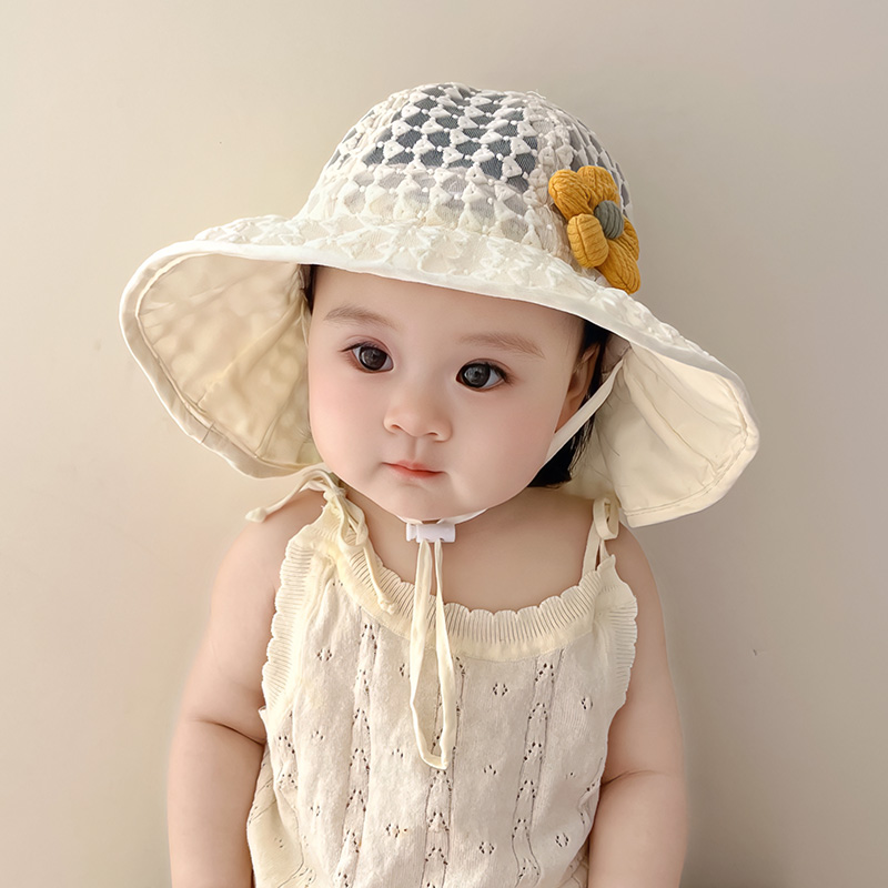 女宝宝遮阳帽子夏季薄款甜美花朵婴儿防晒帽大帽檐可爱女童太阳帽
