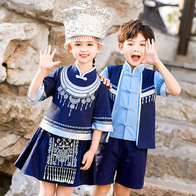 苗族六一儿童民族演出服装民族风幼儿园班服纯棉短袖夏季男童女童