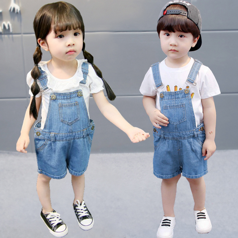 韩版洋气宝宝背带裤婴儿童牛仔裤子纯棉男童女童短裤小童外穿夏季