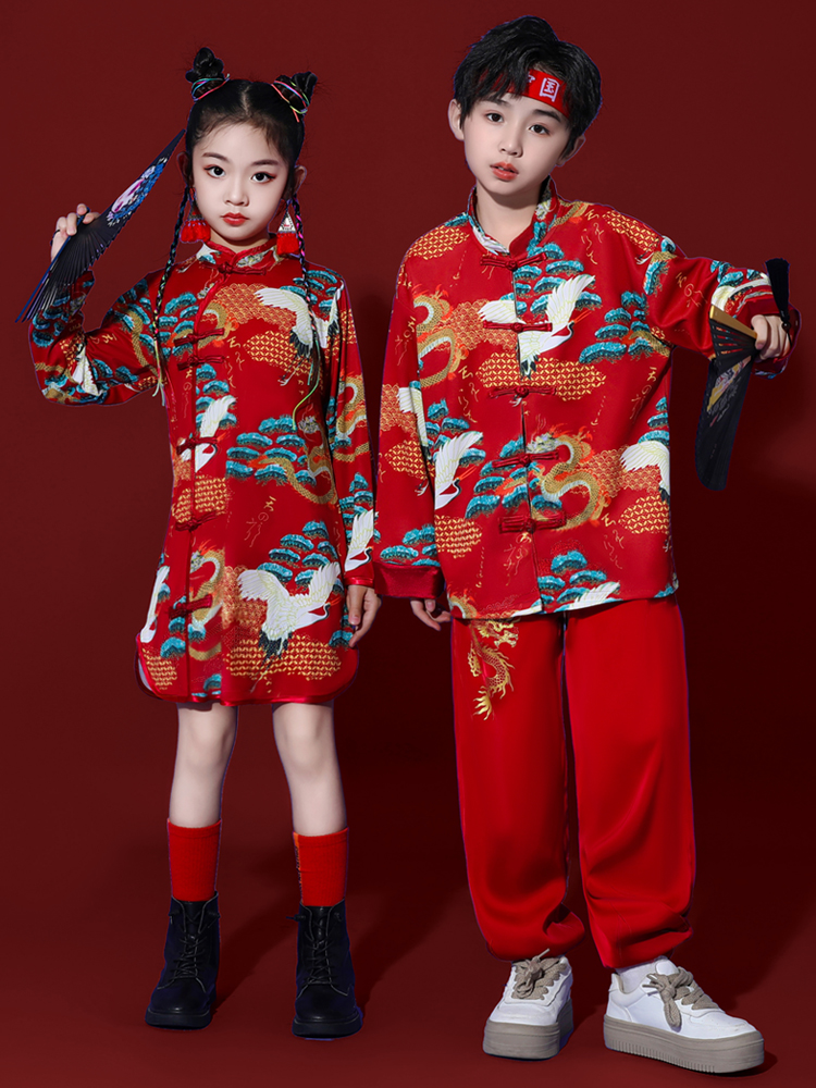 元旦儿童表演服装小学生女童啦啦队演出服唐装男童中国风国潮汉服