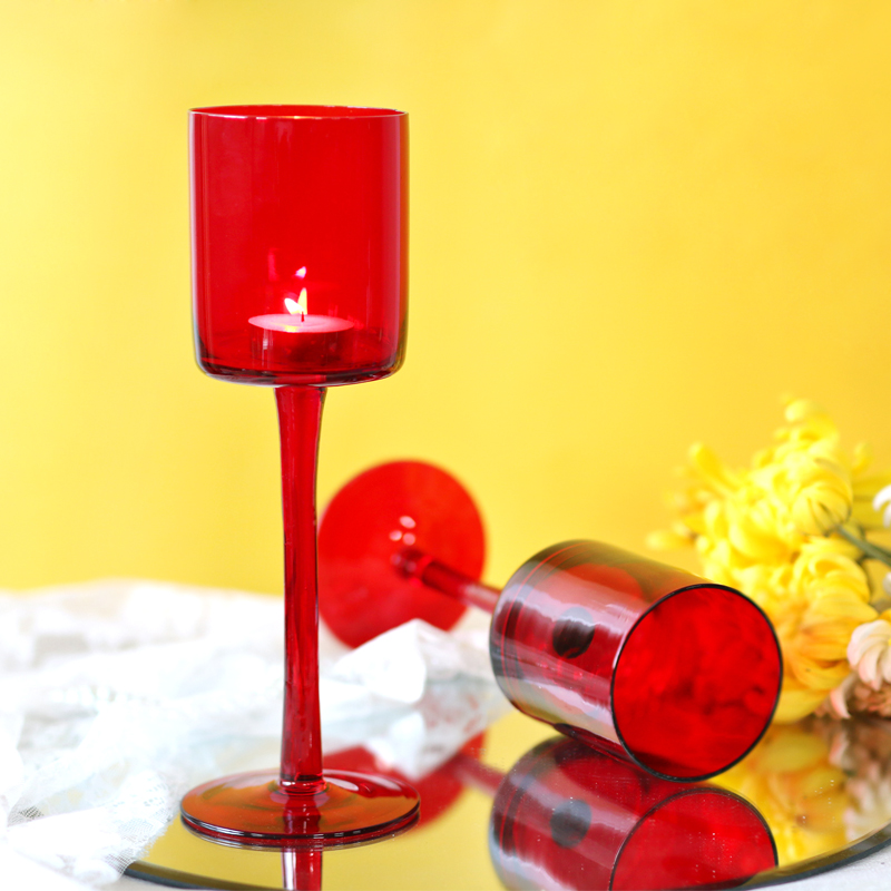 北欧红色玻璃高脚烛台杯水培插花样板间软装婚礼摄影道具餐桌装饰