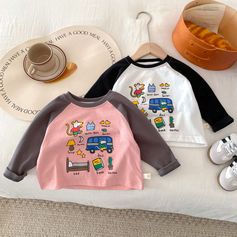 儿童卡通打底衫 0-5岁春季韩装男女宝宝时尚拼色圆领上衣婴儿春装