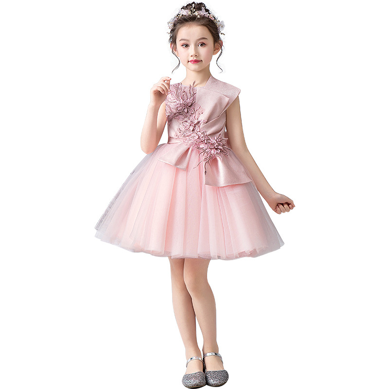 儿童礼服公主裙女童主持走秀蓬蓬纱小女孩洋气生日演出服短款粉色
