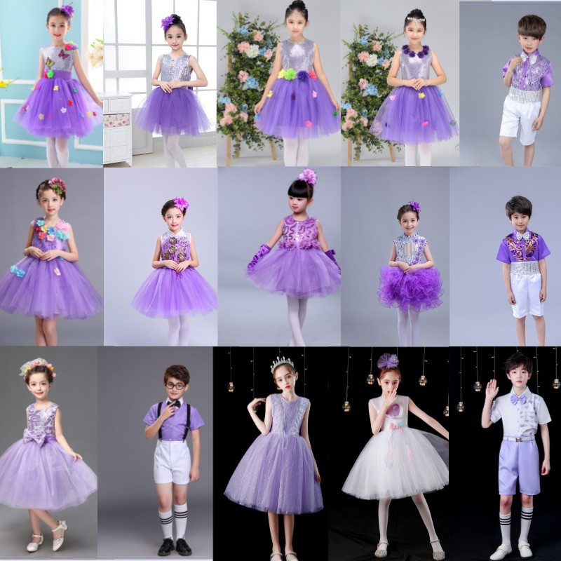 六一儿童合唱演出服紫色女童蓬蓬纱公主裙幼儿园舞蹈小学生表演服