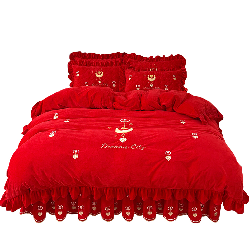 定制欧式高端刺绣婴儿绒四件套床裙结婚大红色夹棉加厚珊瑚绒床上