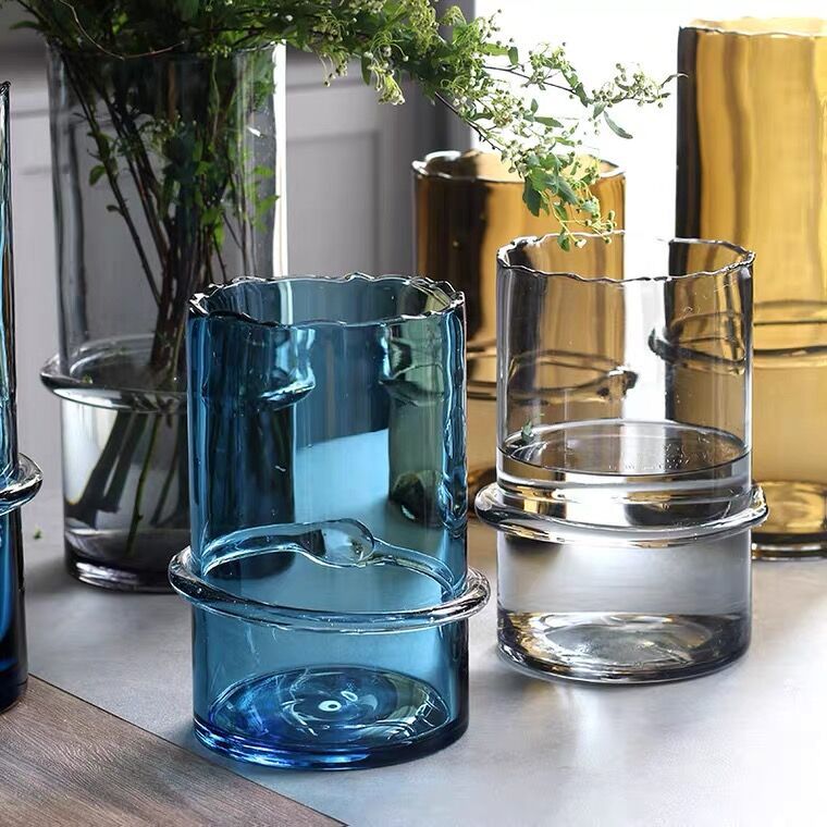 现代简约直筒琉璃花瓶家居客厅样板间透明插花器设计师款软装摆件