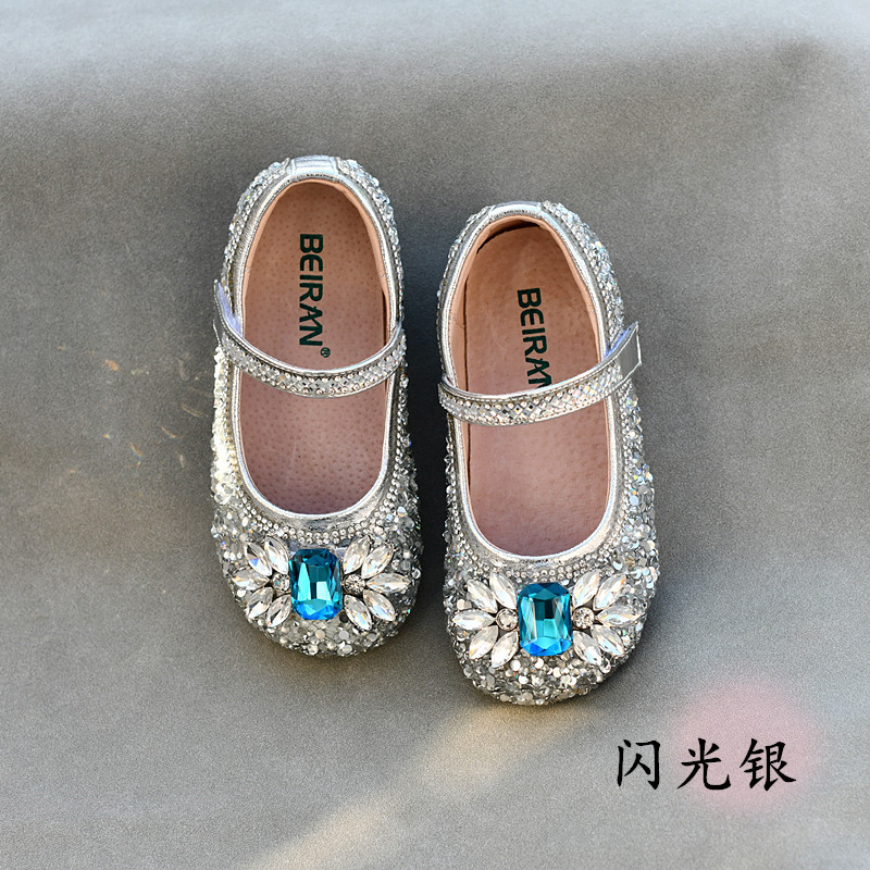 新贝然儿童鞋女童爱莎单鞋公主鞋水晶鞋演出鞋银色宝石皮鞋女宝女