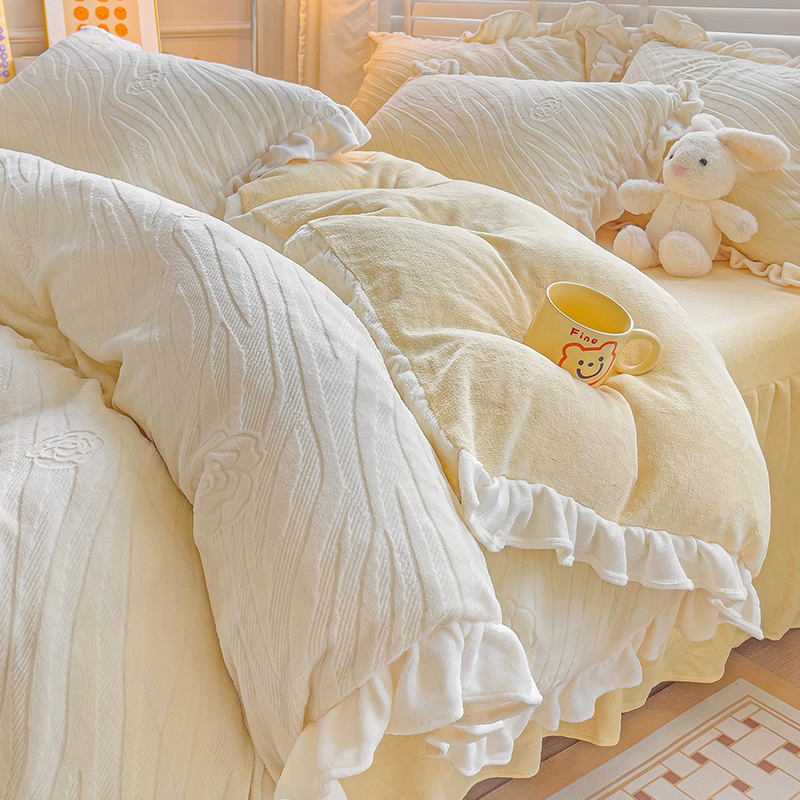 韩式牛奶婴儿绒床上四件套加厚冬季床裙款床品法兰珊瑚绒被套床单