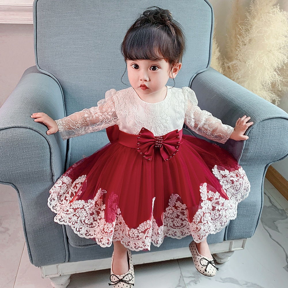 女童长袖网纱公主裙婴儿宝宝周岁生日百天礼服儿童洋气红色连衣裙