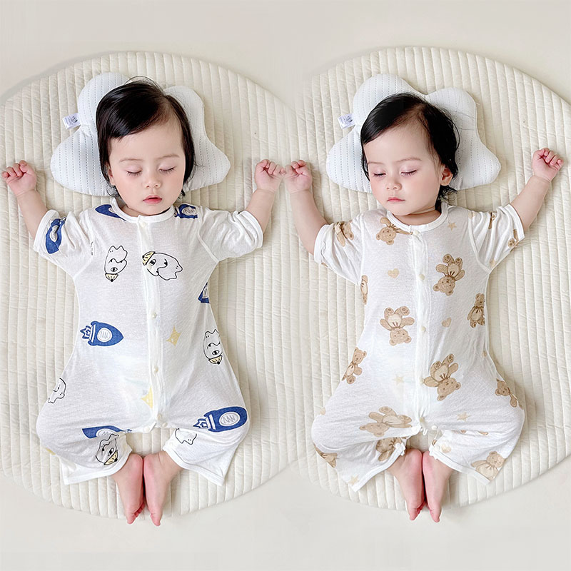 新生儿婴儿小熊卡通哈衣夏季薄款七分袖空调服连体衣男女宝宝睡衣