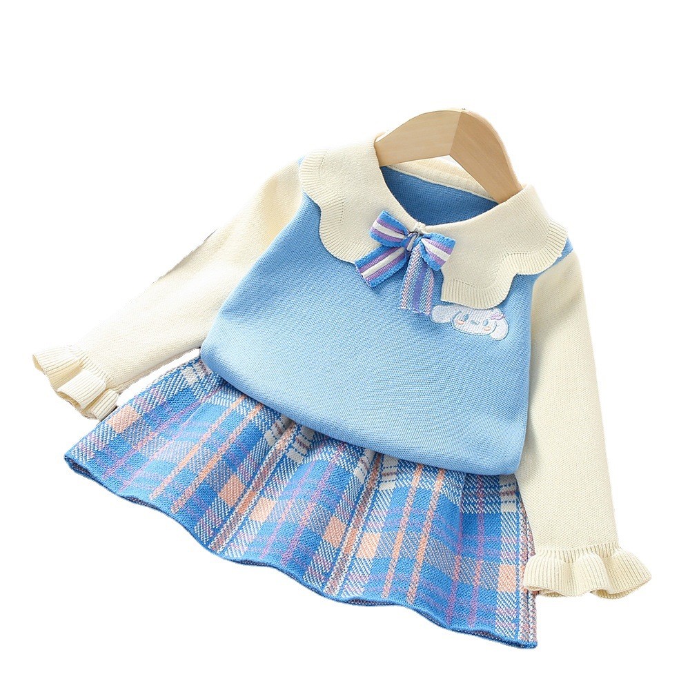 女童毛衣套装2023春秋新款洋气小女孩针织两件套刺绣蝴蝶结套装裙
