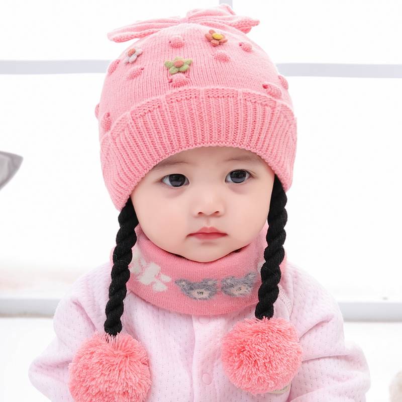 小孩假发帽子女宝宝秋冬季毛线帽儿童冬款洋气时尚0一6月婴儿纯棉