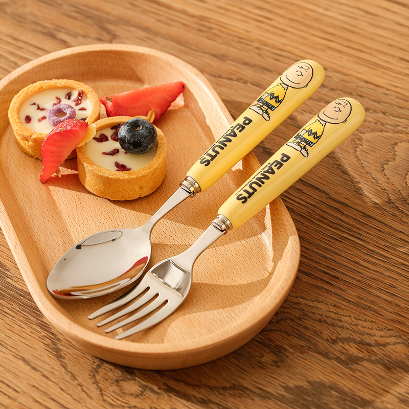 史努比食品级304不锈钢儿童叉子勺子卡通叉勺陶瓷把水果叉家用