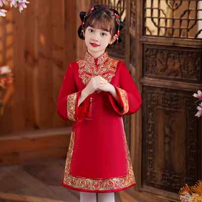 女童旗袍冬季2022新款儿童汉服唐装裙子加绒加厚中国风红色拜年服