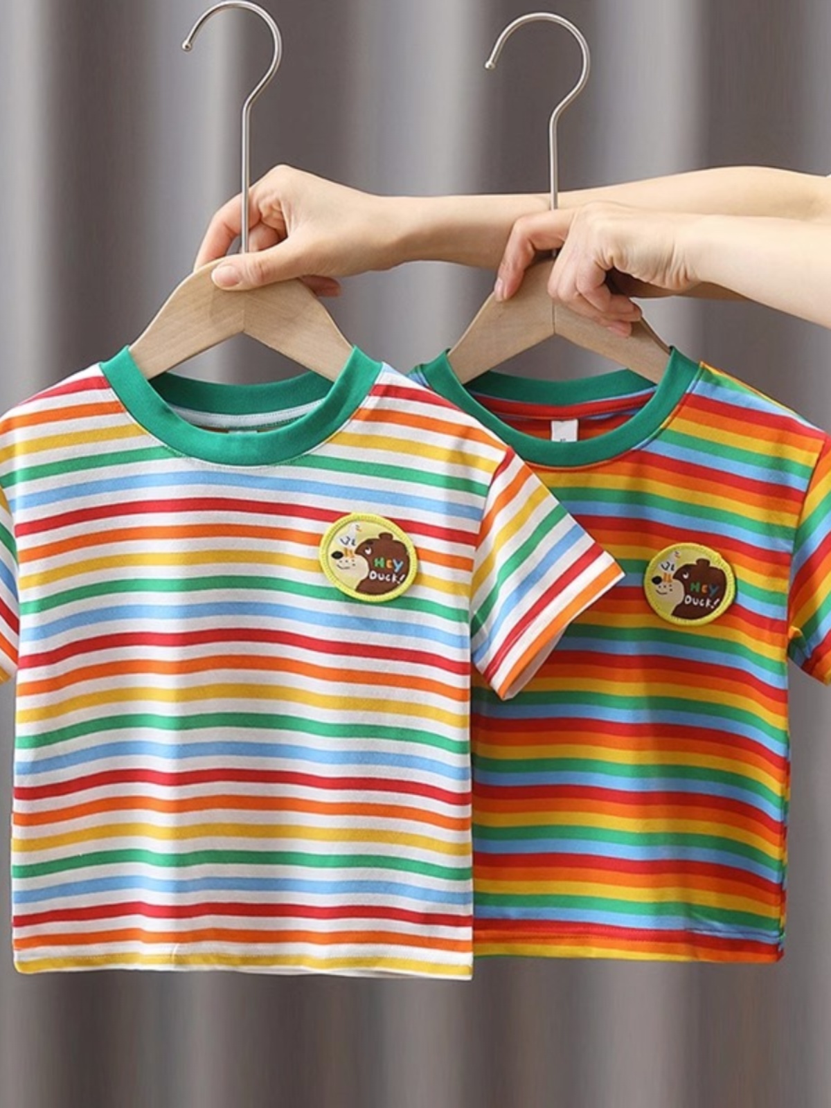 中小童洋气彩虹条纹短袖T恤男女童2024夏季宝宝上衣儿童半袖童装