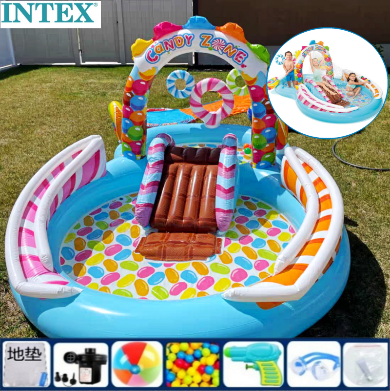 intex儿童安全滑梯糖果游泳池正品大号充气草坪聚会喷水球池城堡