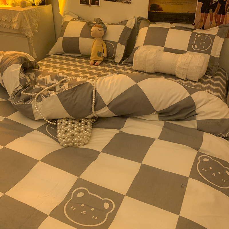 简约灰色格子熊卡通儿童床单被套四件套单双人宿舍床上用品三件套